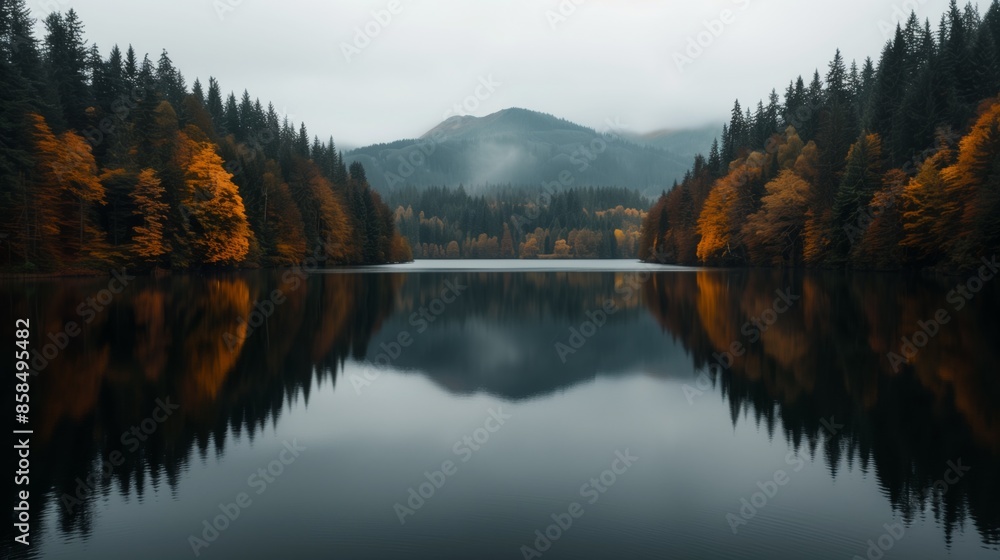 A still lake reflects a misty mountain forest scene in autumn A still lake reflects a misty mountain forest scene in autumn
