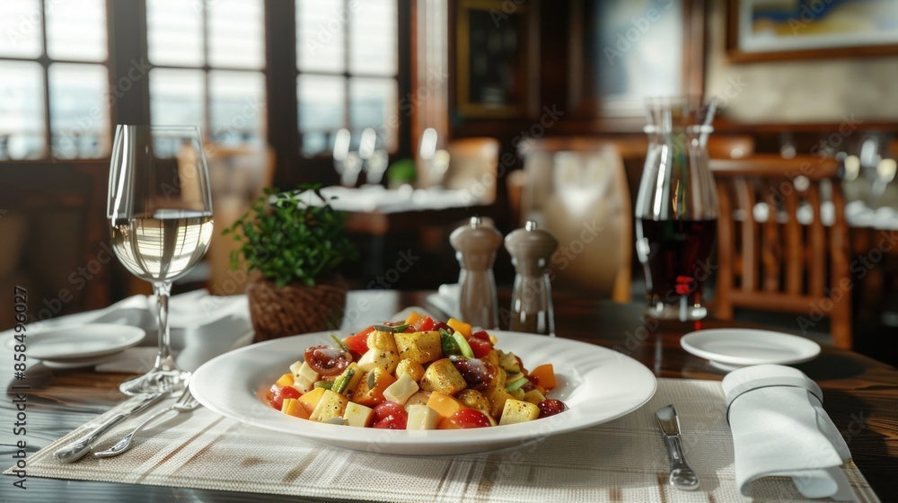 Gourmet dish on a plate with fresh vegetables and a glass of wine, set on a restaurant table, showcasing a delicious and colorful meal. Gourmet dish on a plate with fresh vegetables and a glass of wine, set on a restaurant table, showcasing a delicious and colorful meal.