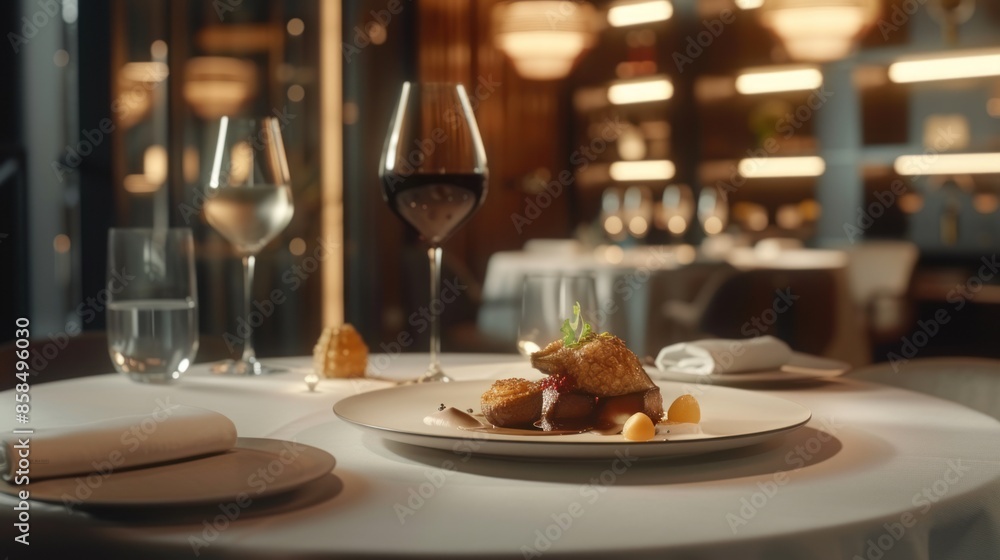 Fresh gourmet food on a plate and a glass of wine, beautifully presented on a restaurant table. Fresh gourmet food on a plate and a glass of wine, beautifully presented on a restaurant table.