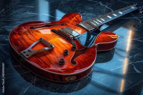 A Sunburst Jazz Guitar on Marble photo