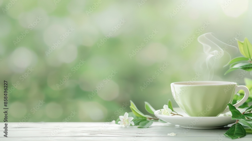 A green tea cup with steam rising from it sits on a white plate on a wooden table. Concept of relaxation and tranquility, as the cup of tea is a common symbol of calmness and warmth A green tea cup with steam rising from it sits on a white plate on a wooden table. Concept of relaxation and tranquility, as the cup of tea is a common symbol of calmness and warmth
