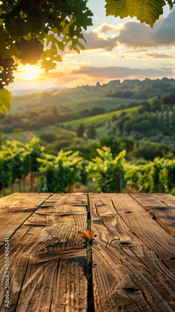 Obraz premium Rustic Wooden Table Setting with Tuscan Vineyard View