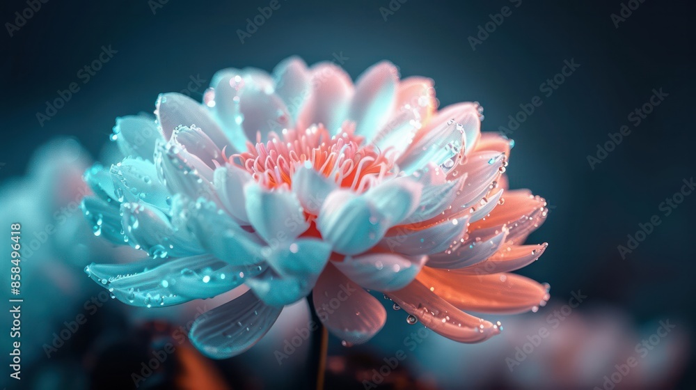 A flower with a blue and pink hue is shown with droplets of water on it A flower with a blue and pink hue is shown with droplets of water on it