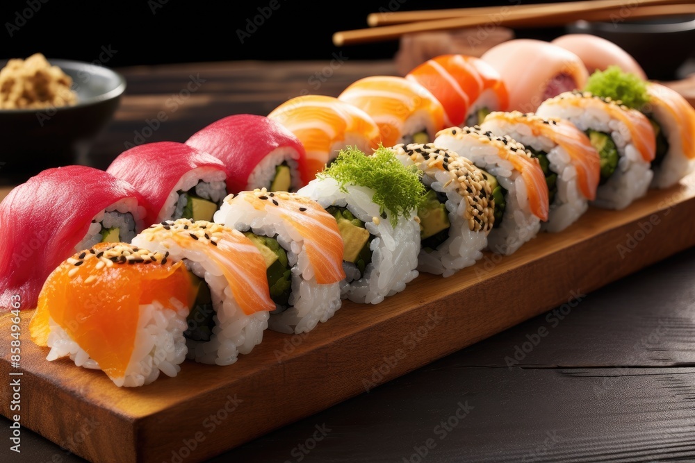 Sushi rolls on black background, fresh and colorful Japanese cuisine. Sushi rolls on black background, fresh and colorful Japanese cuisine.