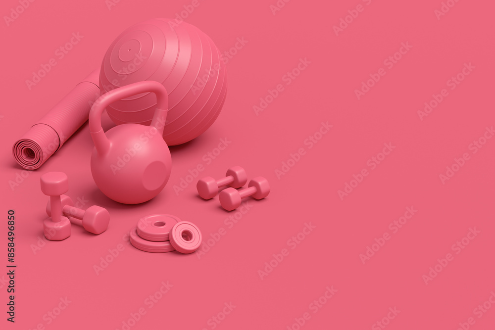 Isometric view of sport equipment like kettlebell, dumbbell and smart watches Isometric view of sport equipment like kettlebell, dumbbell and smart watches