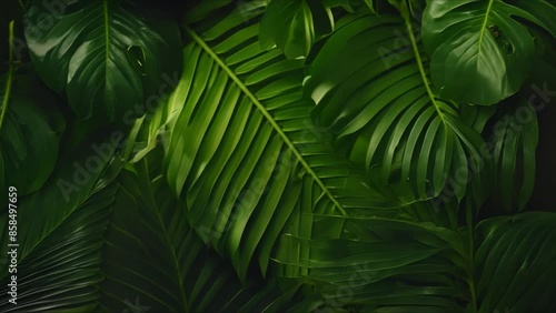 Vibrant neon backlight illuminates dark green tropical Monstera palm leaves composition. Concept Neon Lighting, Tropical Foliage, Monstera Palm, Dark Green, Vibrant Illumination