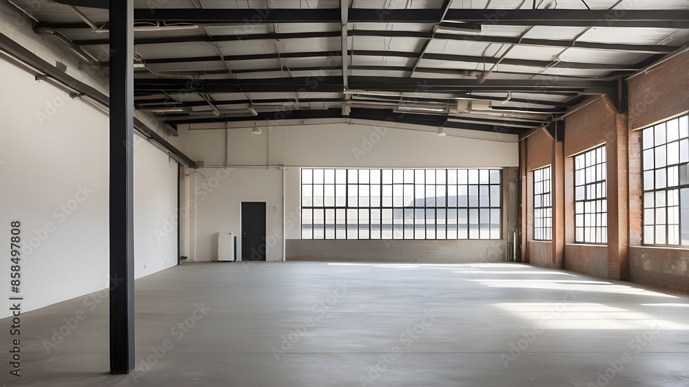 Inside a contemporary, tidy, and vacant warehouse Inside a contemporary, tidy, and vacant warehouse