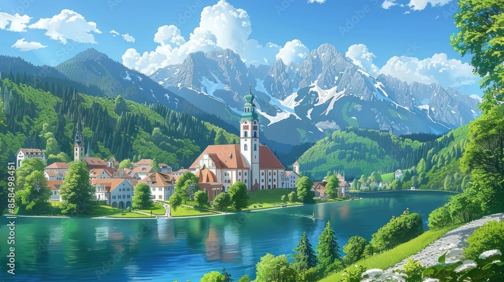 A picturesque village located in a valley through which a river flows. Under a blue sky with white clouds. A picturesque village located in a valley through which a river flows. Under a blue sky with white clouds.