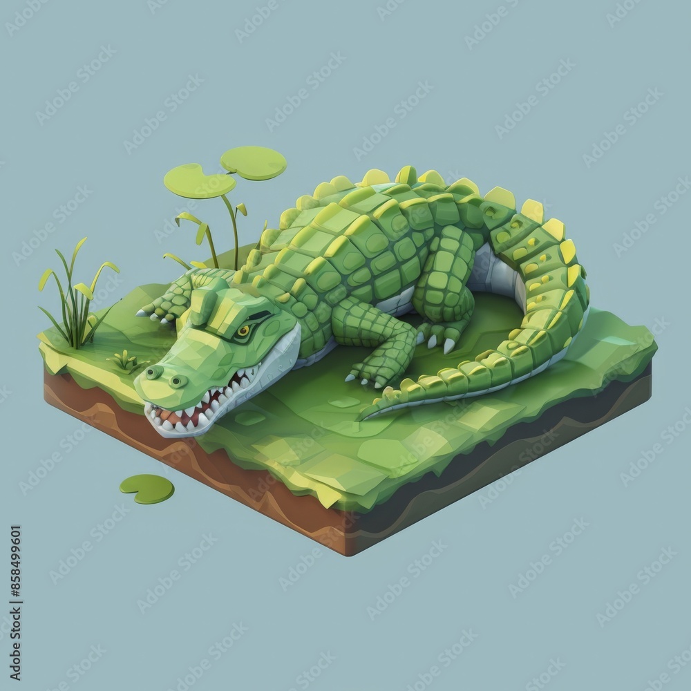 Obraz premium A low poly crocodile rests on a grassy patch