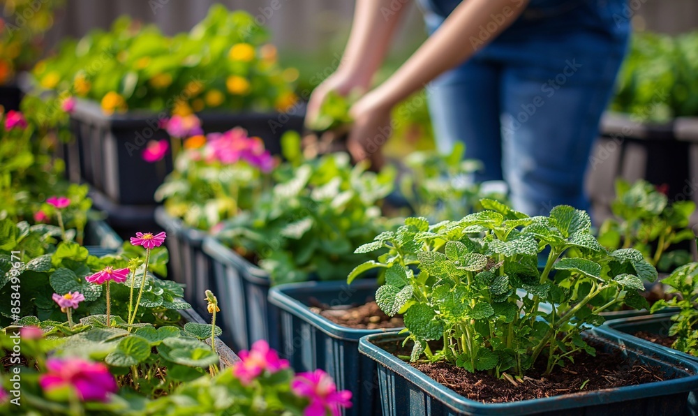 A housewife is growing a garden using reused containers from Household items. Reuse concept A housewife is growing a garden using reused containers from Household items. Reuse concept