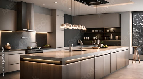 Luxury kitchen with an island. Modern interior in luxury house. Interior of a modern kitchen