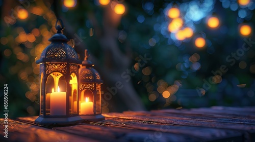 Arabic lantern, burning candles, dates and misbaha on mirror surface against blurred lights. AI generated illustration © Fatima