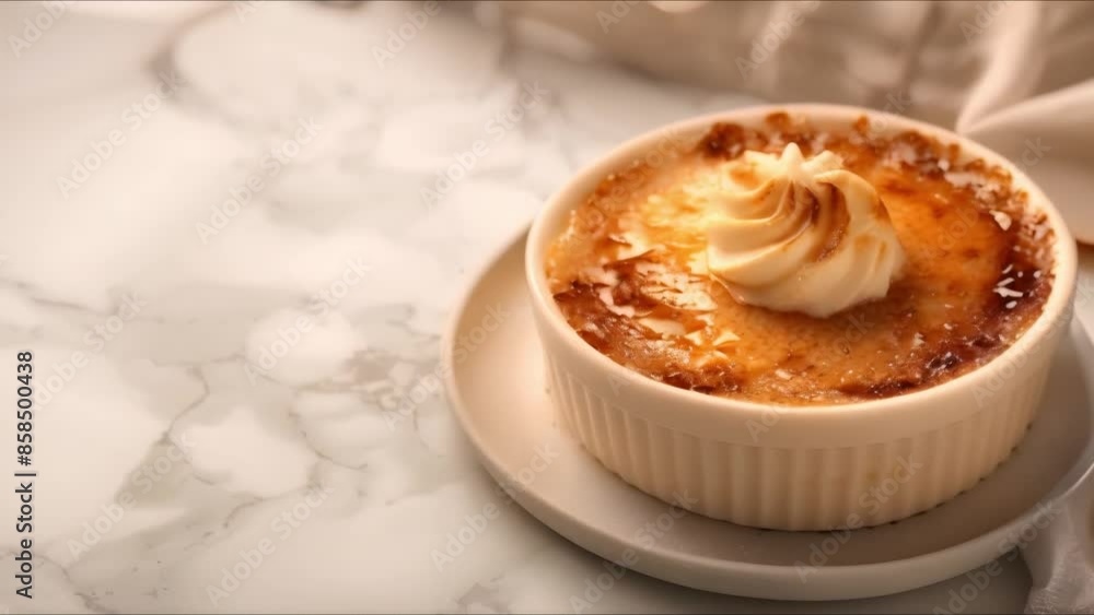 Top view of creme brulee on marble background with copy space Traditional French dessert with burnt cream. Concept French Desserts, Creme Brulee, Top View Photography Top view of creme brulee on marble background with copy space Traditional French dessert with burnt cream. Concept French Desserts, Creme Brulee, Top View Photography