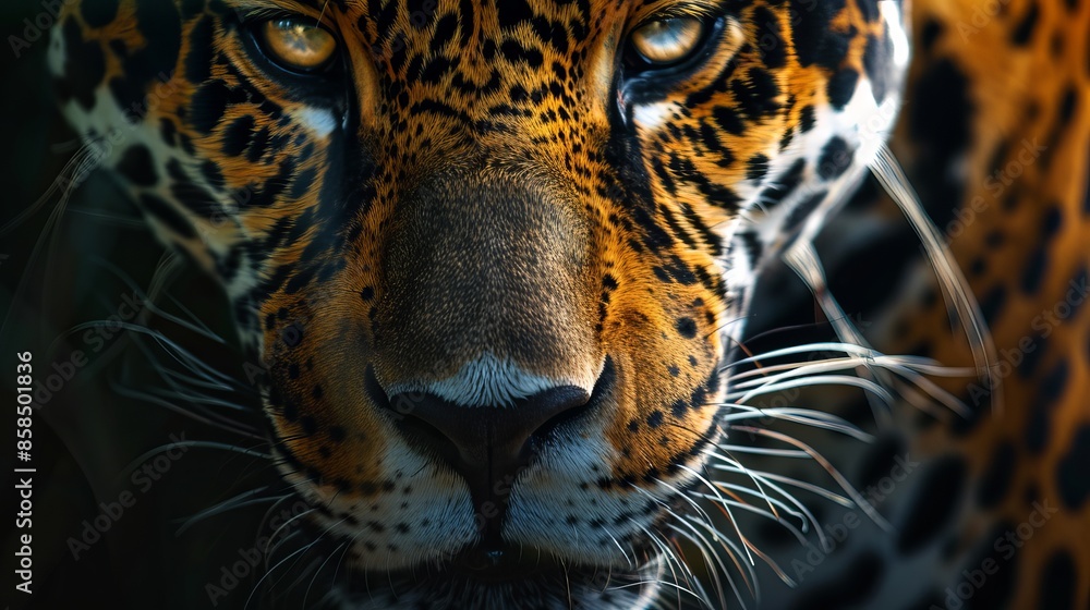 Obraz premium Striking Jaguar's face, a fierce predator in the wild.