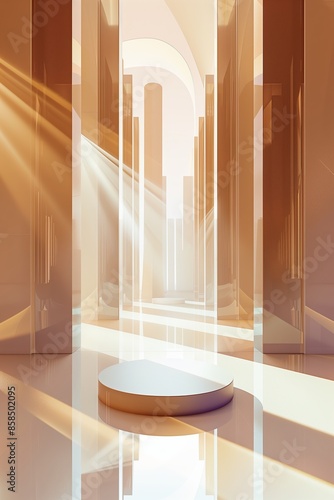 podium in the abstract modern building, volumetric light