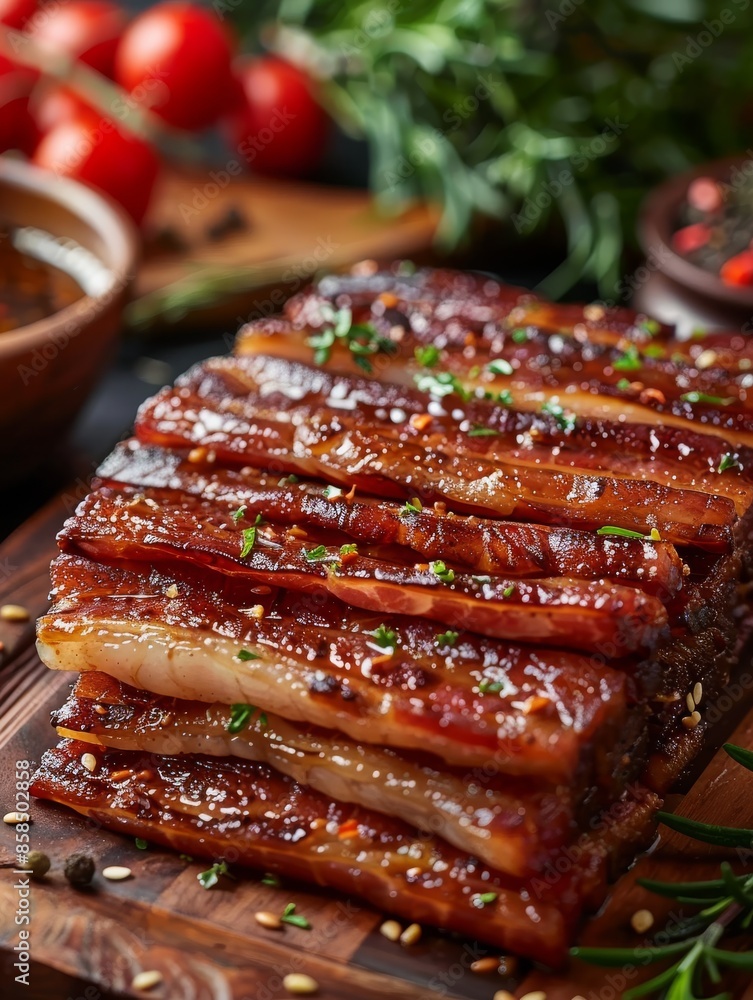 Crispy Glazed Bacon Strips on a Wooden Cutting Board Crispy Glazed Bacon Strips on a Wooden Cutting Board