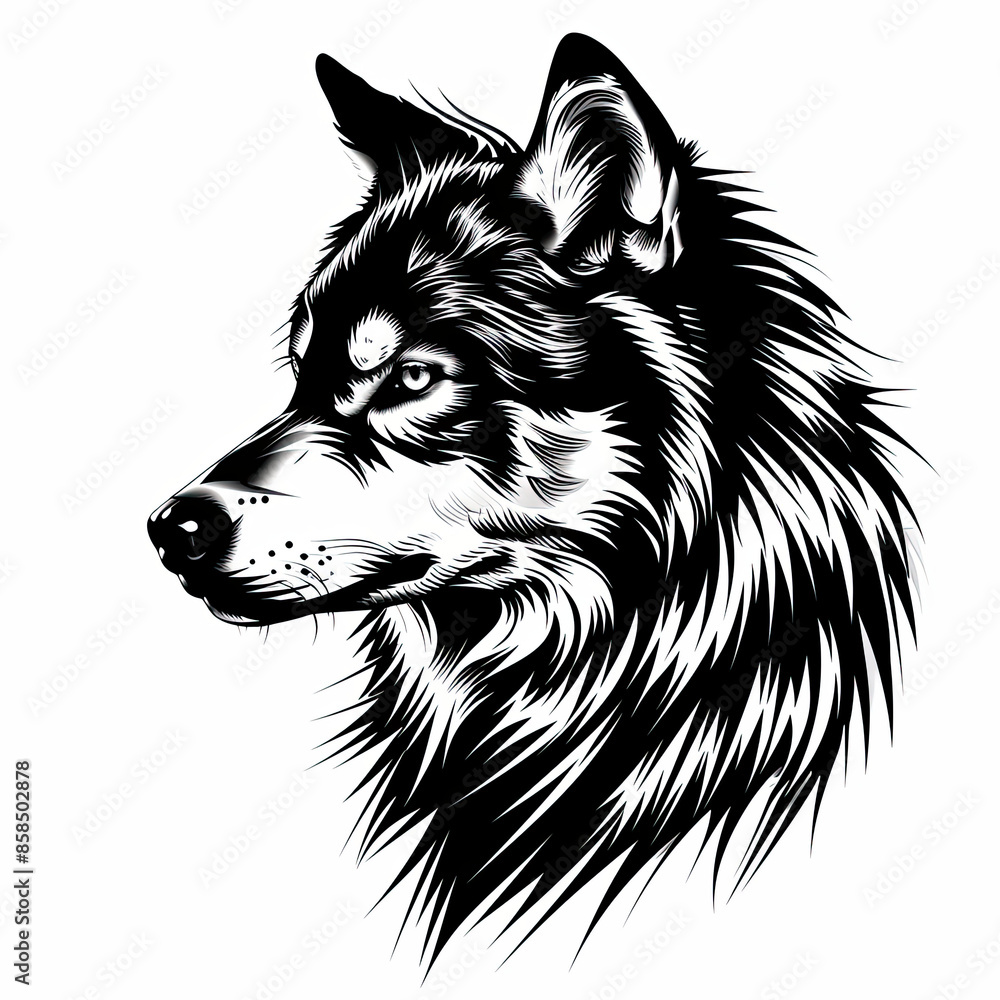 A black and white drawing of a wolf 's head A black and white drawing of a wolf 's head