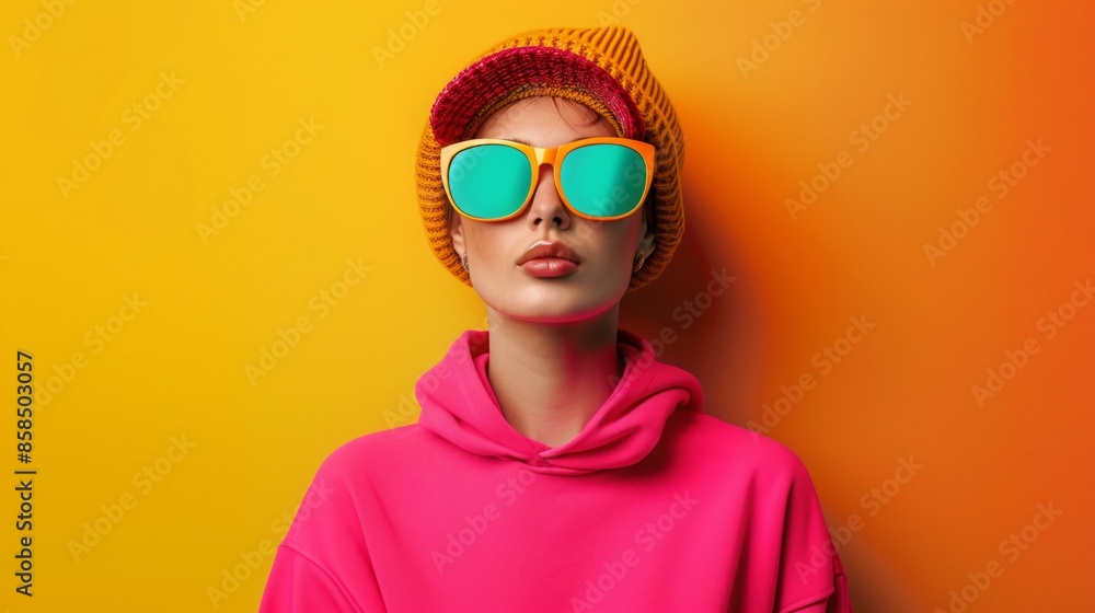 Portrait of a woman in a pink hoodie wearing sunglasses and a knit hat Portrait of a woman in a pink hoodie wearing sunglasses and a knit hat