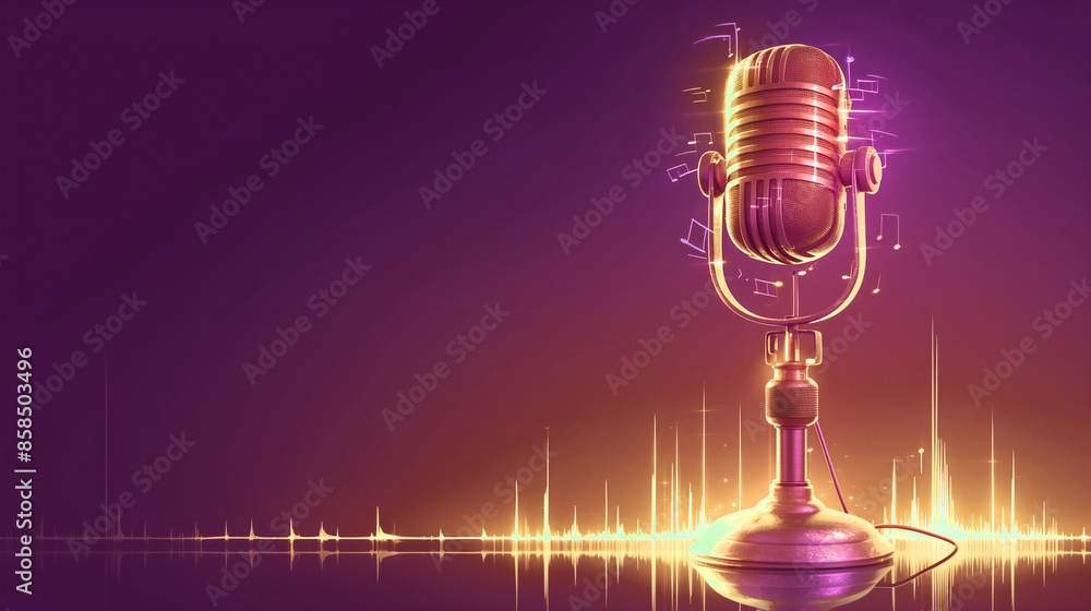 Modern Microphone with Sound Waves and Purple Background Modern Microphone with Sound Waves and Purple Background