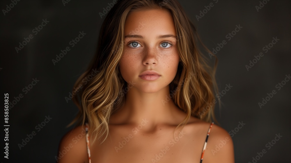 A young woman with long blonde hair and blue eyes poses for a studio portrait A young woman with long blonde hair and blue eyes poses for a studio portrait