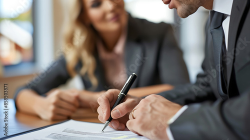 Close-up of a business person signing a contract with colleagues observing, symbolizing professional agreement and teamwork in a corporate setting. 