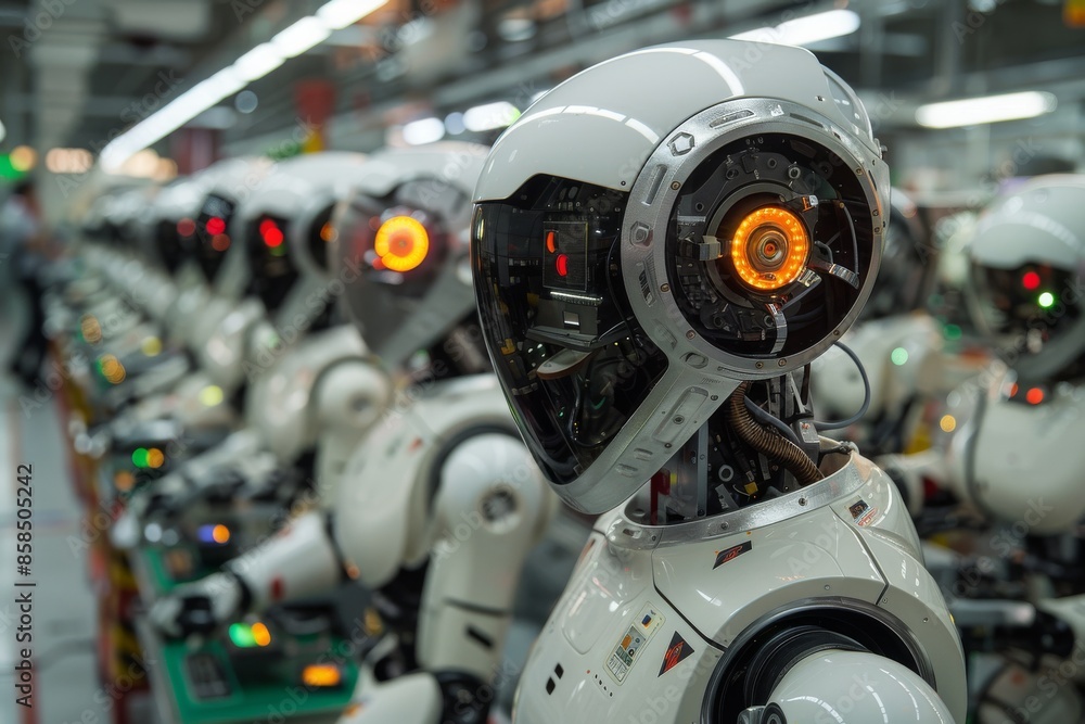 A Row of White Robots in a Modern Factory Setting A Row of White Robots in a Modern Factory Setting