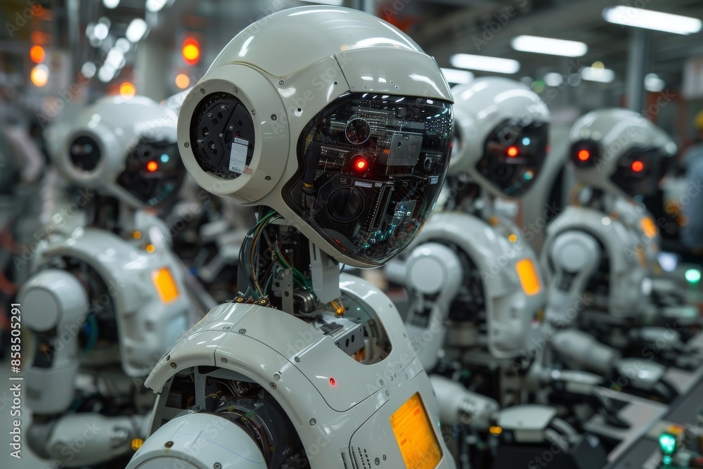 A Row of White Robots in a Modern Factory Setting A Row of White Robots in a Modern Factory Setting