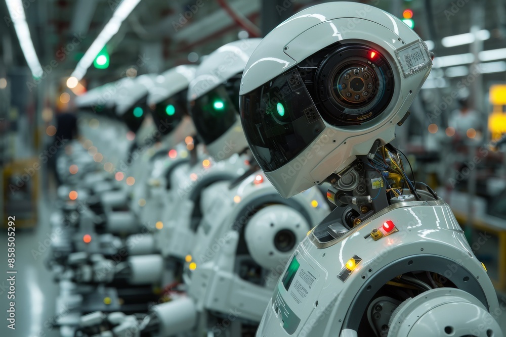 A Row of White Robots in a Modern Factory Setting A Row of White Robots in a Modern Factory Setting