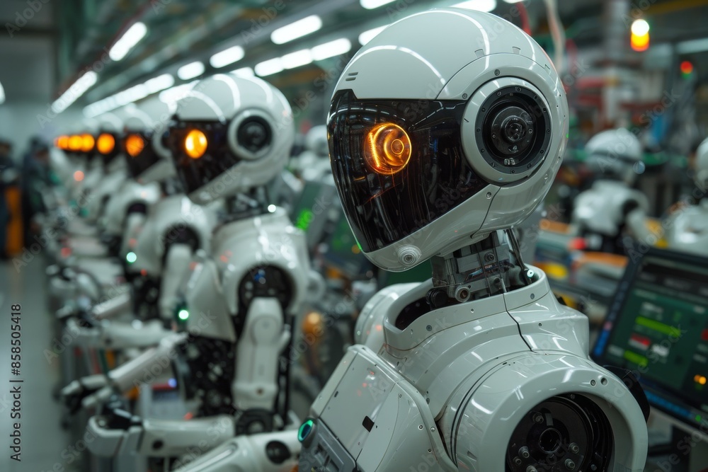 A Row of White Robots in a Modern Factory Setting A Row of White Robots in a Modern Factory Setting