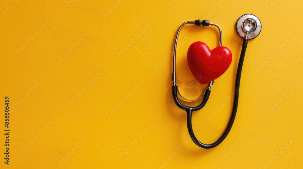 Stethoscope and heart shape on yellow background for heart health check concept