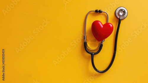 Obraz na płótnie Stethoscope and heart shape on yellow background for heart health check concept w salonie