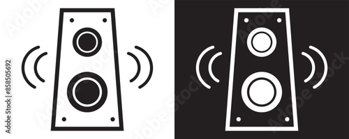 Speaker Icon. Loud music home system symbol. Vector set of audio bass with Bluetooth technology. Flat outline of electrical loud volume amplifier box equipment logo
