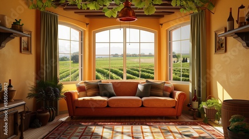 A warm living room with a copper ceiling fixture, a terracotta sofa, and a bay window with a view of a sun-drenched vineyard