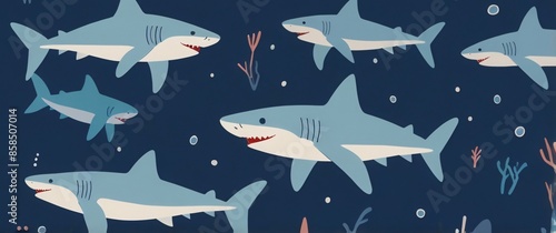 flat illustration of sharks in the deep ocean © Iqbal