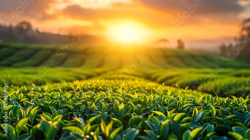 Picturesque Tea Plantation at Sunrise with Lush Foliage and Mountainous Landscape