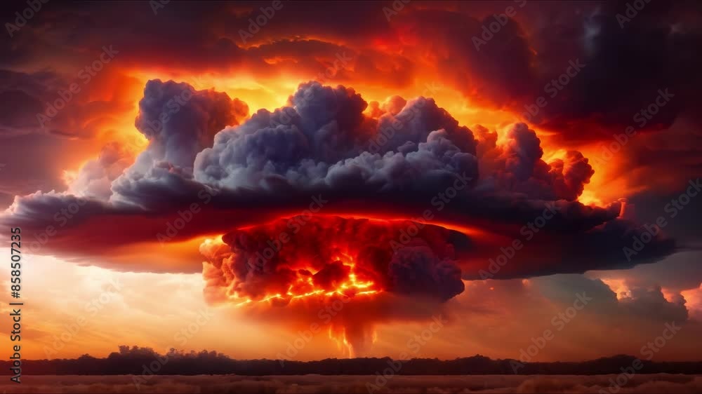 Nuclear explosion with shock wave against stormy sky and nuclear fungus backdrop. Concept Natural Disasters, Apocalypse, Explosions, Nuclear Fallout, Storms Nuclear explosion with shock wave against stormy sky and nuclear fungus backdrop. Concept Natural Disasters, Apocalypse, Explosions, Nuclear Fallout, Storms