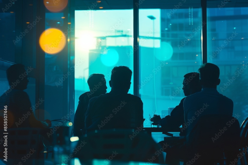 Silhouette of business people sitting in a cafe and talking. Silhouette of business people sitting in a cafe and talking.