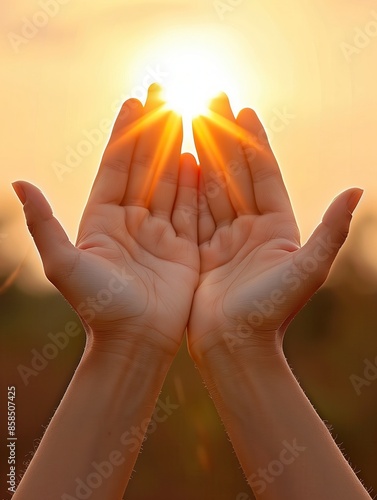 Hands to heaven, person with hand up looking at the skies	
