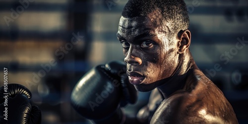 Focused boxer with black gloves training hard in dimly lit gym, droplets of sweat highlighting effort. AIG58 photo