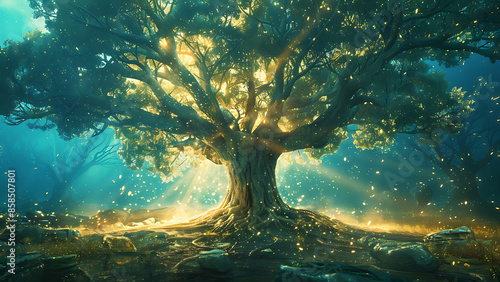 A grand tree of life with luminescent leaves in a magical landscape, with ample space for text, high-resolution, awe-inspiring and mystical 4k 16:9