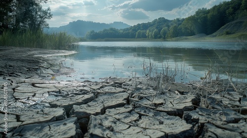 Drought reveals drying lake bed with scarce marine life   hasselblad camera captures realistic photo photo