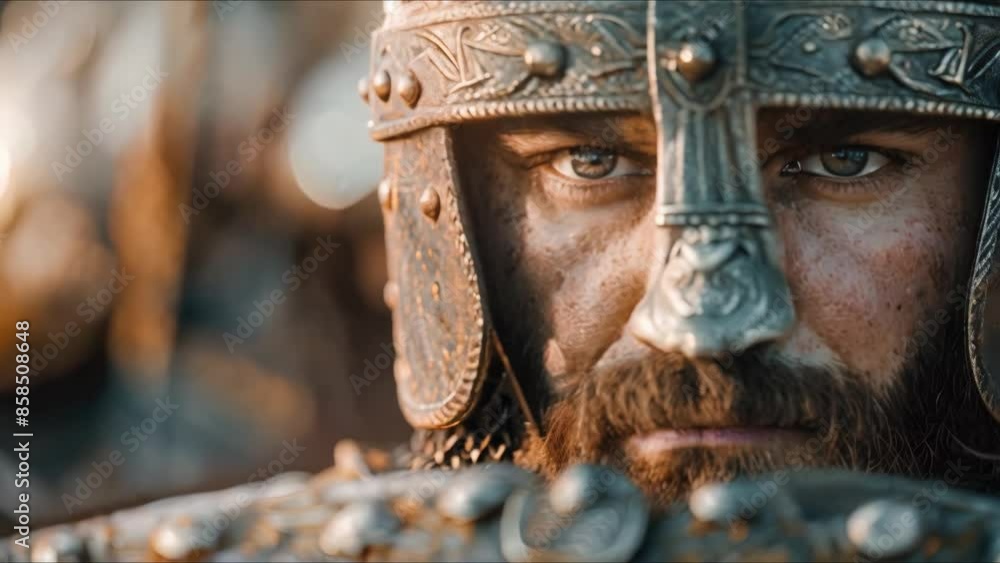 A Varangian guard with detailed helmet and vigilant expression shields ...