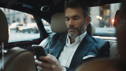 Happy middle aged businessman in costume clothing typing message on phone, sitting on back seat car