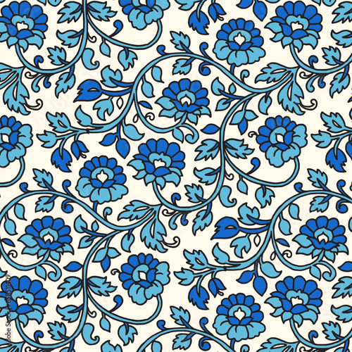 Indian Floral Seamless Vector Pattern, Vintage Oriental flowers Motif Print for Chintz fabric or Batik Indonesia Sarong, Arabesque Design for Blanket, Wallpaper, Rug, Textile, Clothing