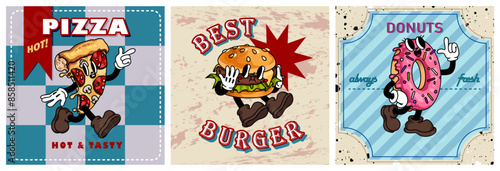 Cartoon fast food characters in retro style. Fashion poster. Groovy colorful doodle hamburger, pizza and donut with gloved hands.