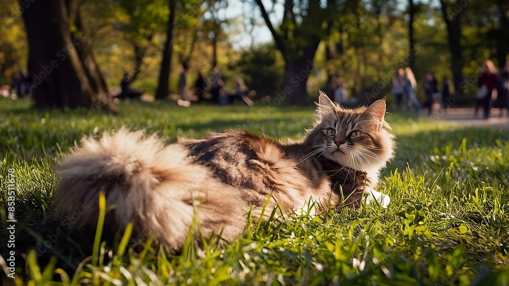 Obraz premium On the grass of a park. a cat