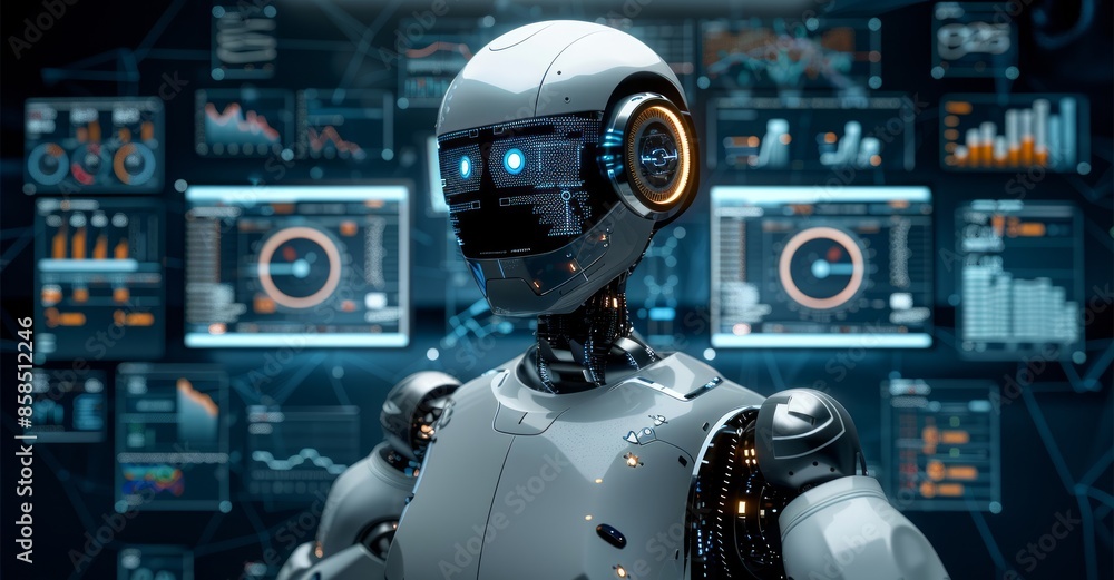 Fototapeta premium Robot with Digital Interface in a Data Center