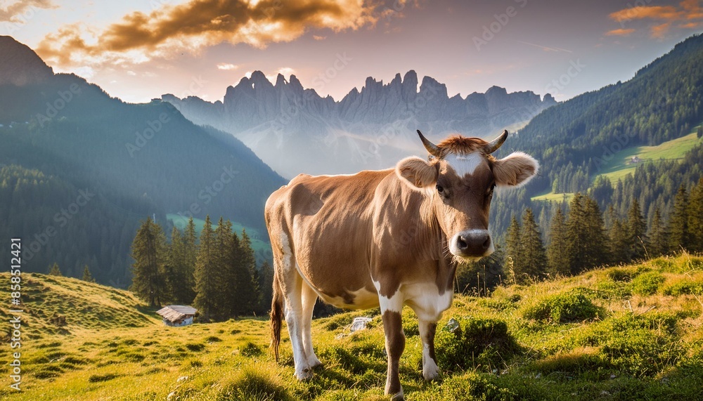 A cow is standing in a grassy field with mountains in the background. The cow is looking at the camera, and the scene has a peaceful and serene mood