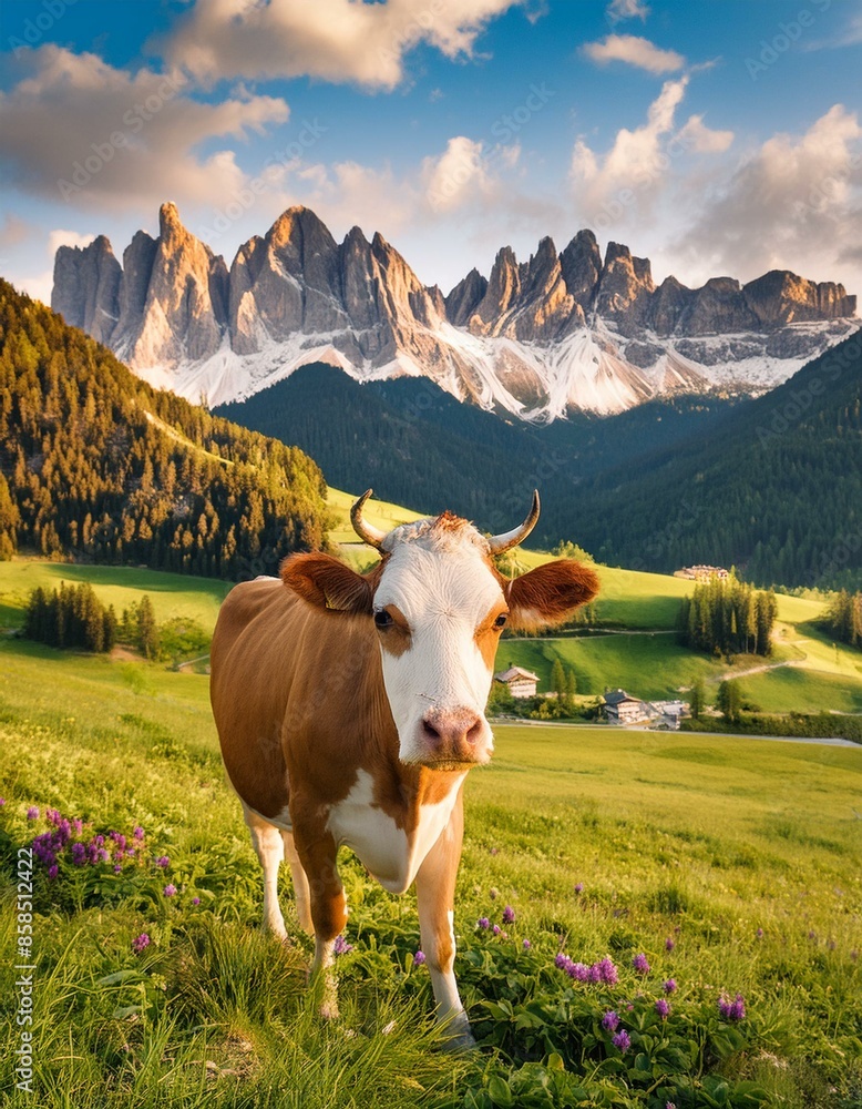A cow is standing in a grassy field in front of a mountain range. The cow is brown and white, and it is looking at the camera. The scene is peaceful and serene A cow is standing in a grassy field in front of a mountain range. The cow is brown and white, and it is looking at the camera. The scene is peaceful and serene