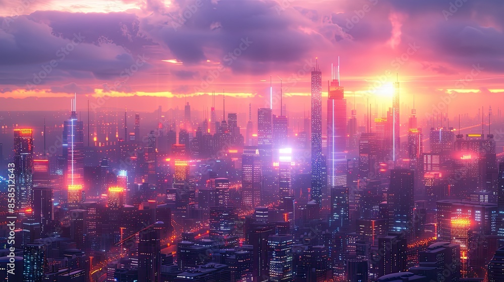 Fototapeta premium Futuristic Cityscape A sleek and futuristic cityscape, illuminated by neon lights, showcasing the hustle and bustle of Black Friday excitement and urban energy